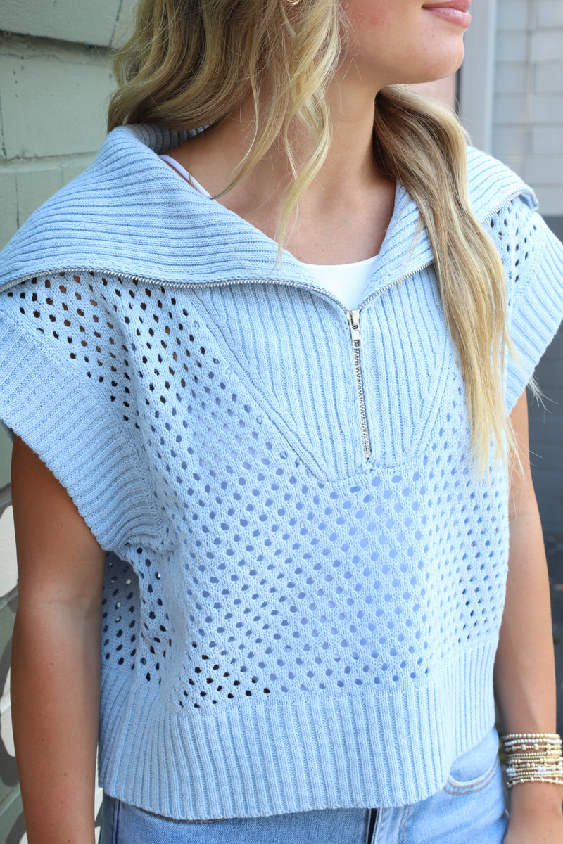 Lila Collared Half Zip Sweater Vest, Light Blue