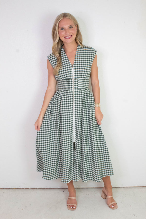 Millie Gingham Print Zip Up Dress, Forest
