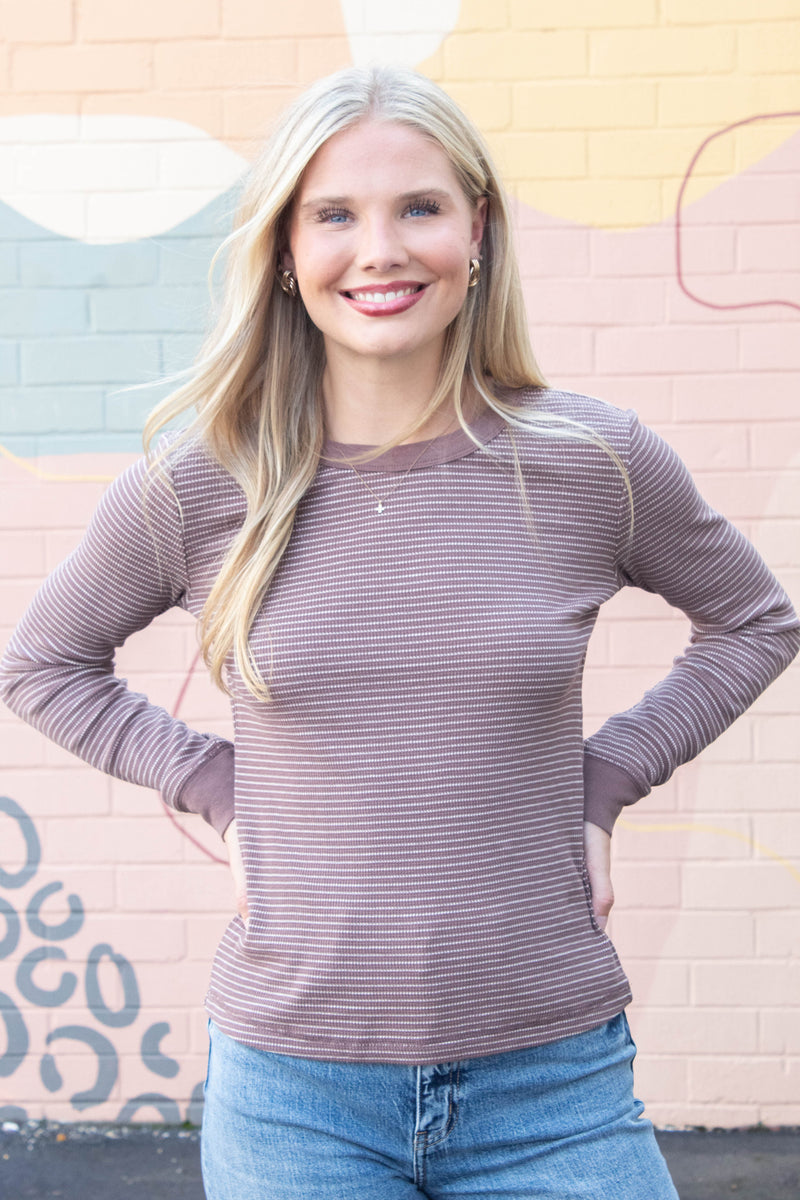Madelyn Stitched Thermal Top, Brown