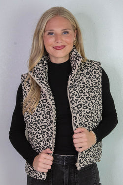 Caroline Leopard Print Puffer Vest, Khaki