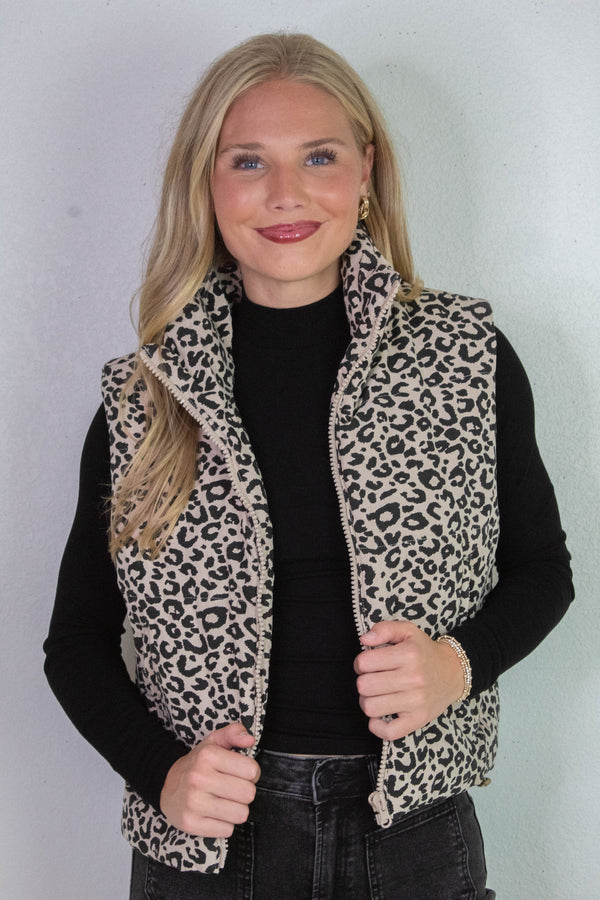 Caroline Leopard Print Puffer Vest, Khaki