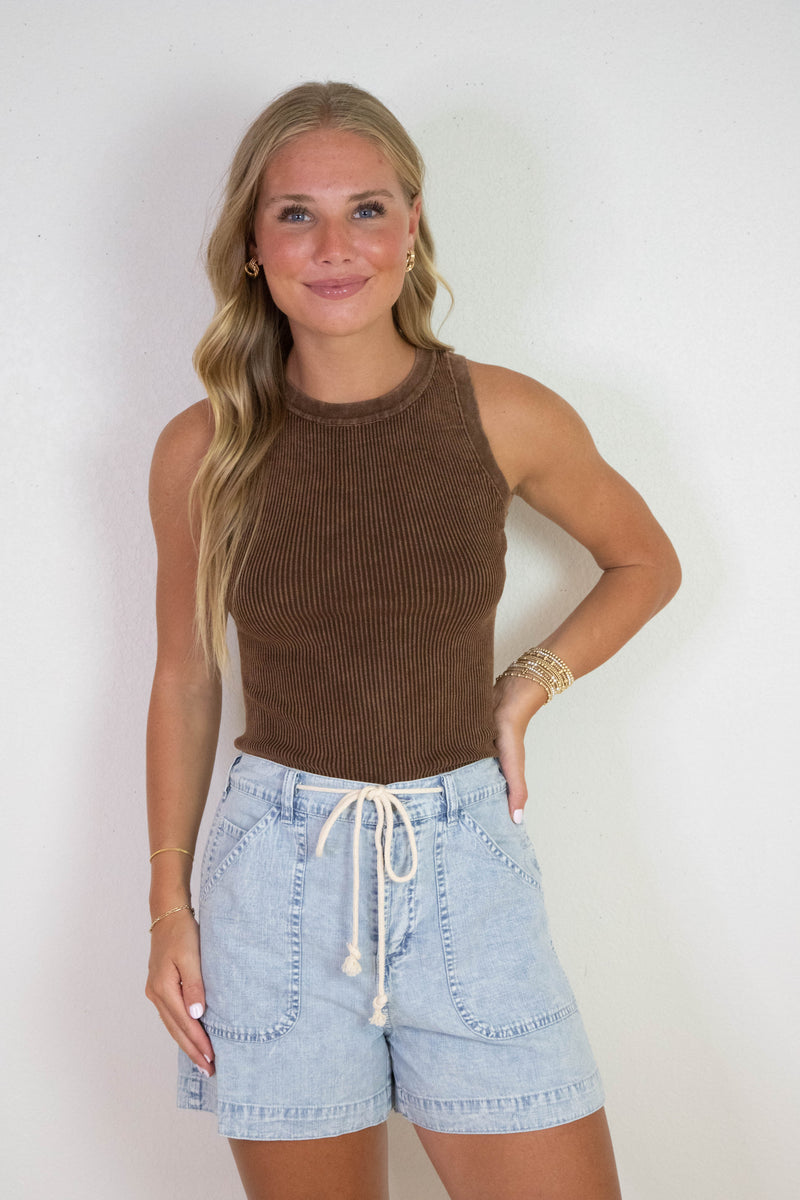 Elowen Washed Ribbed Tank Top, Brown