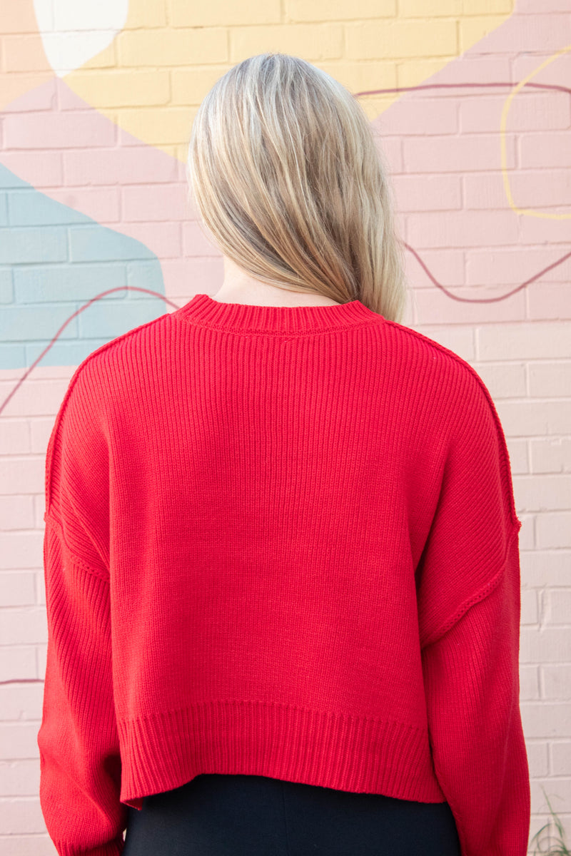 Camila Round Neck Cropped Sweater, Red