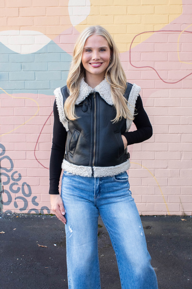 Claire Faux Leather Sherpa Lined Vest, Black