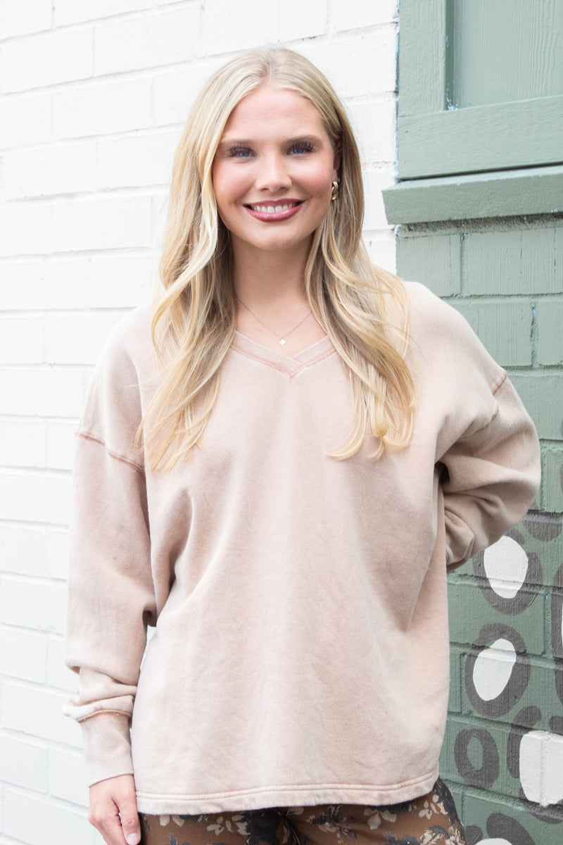Melody Oversized V-Neck Sweatshirt, Dark Taupe