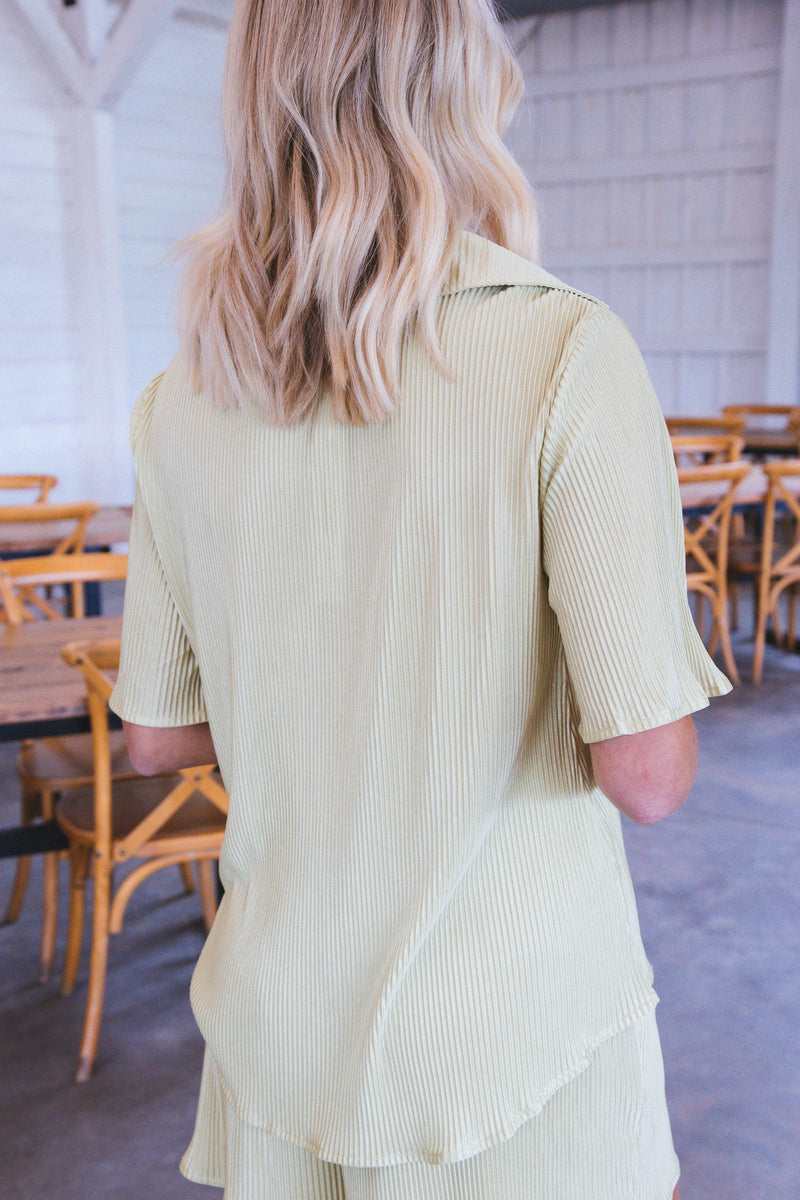 Jacque Plisse Button Down Top, Lime