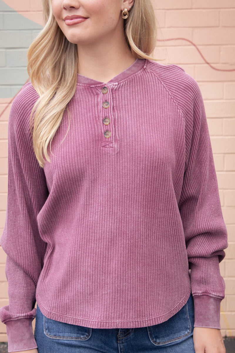 Jordan Knit Henley Top, Dark Cherry