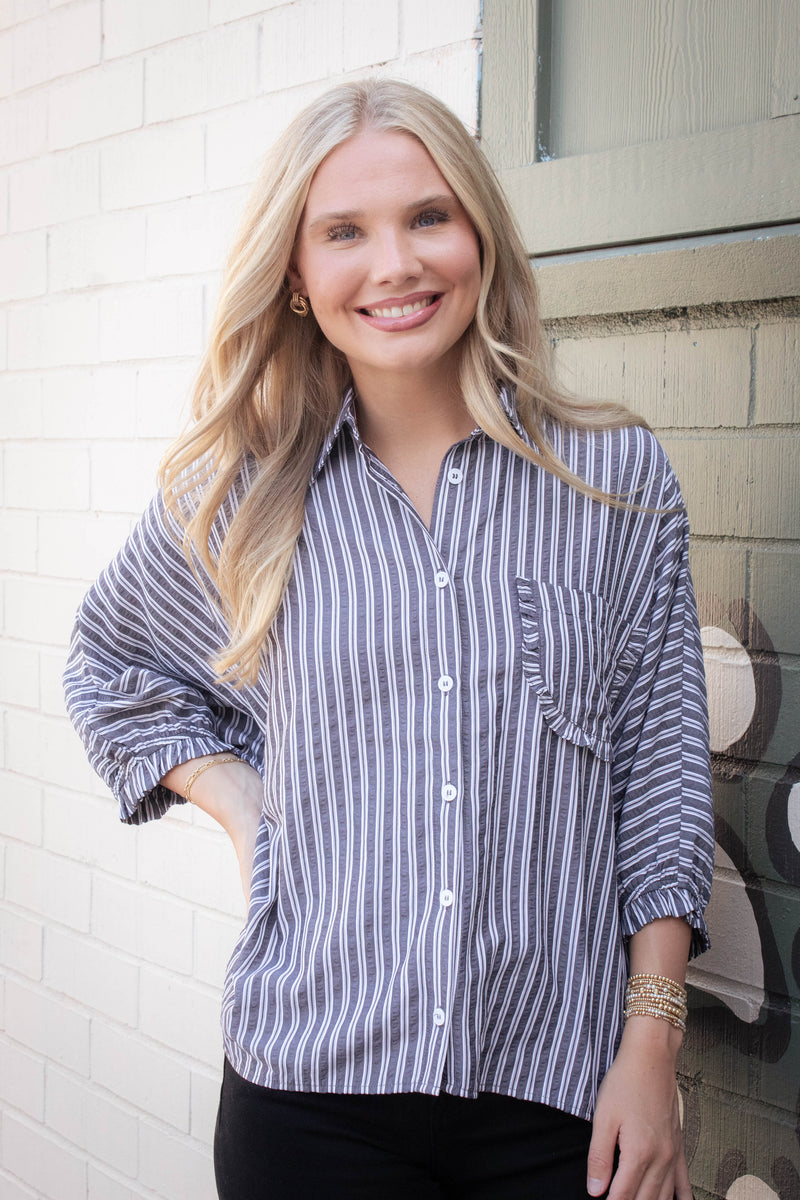 Cressida Striped Button Down Shirt, Black Stripe