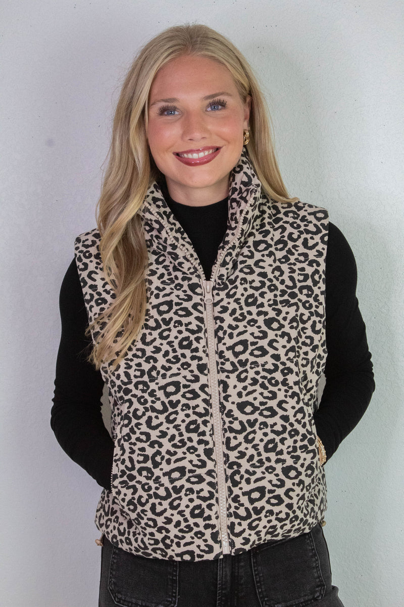Caroline Leopard Print Puffer Vest, Khaki