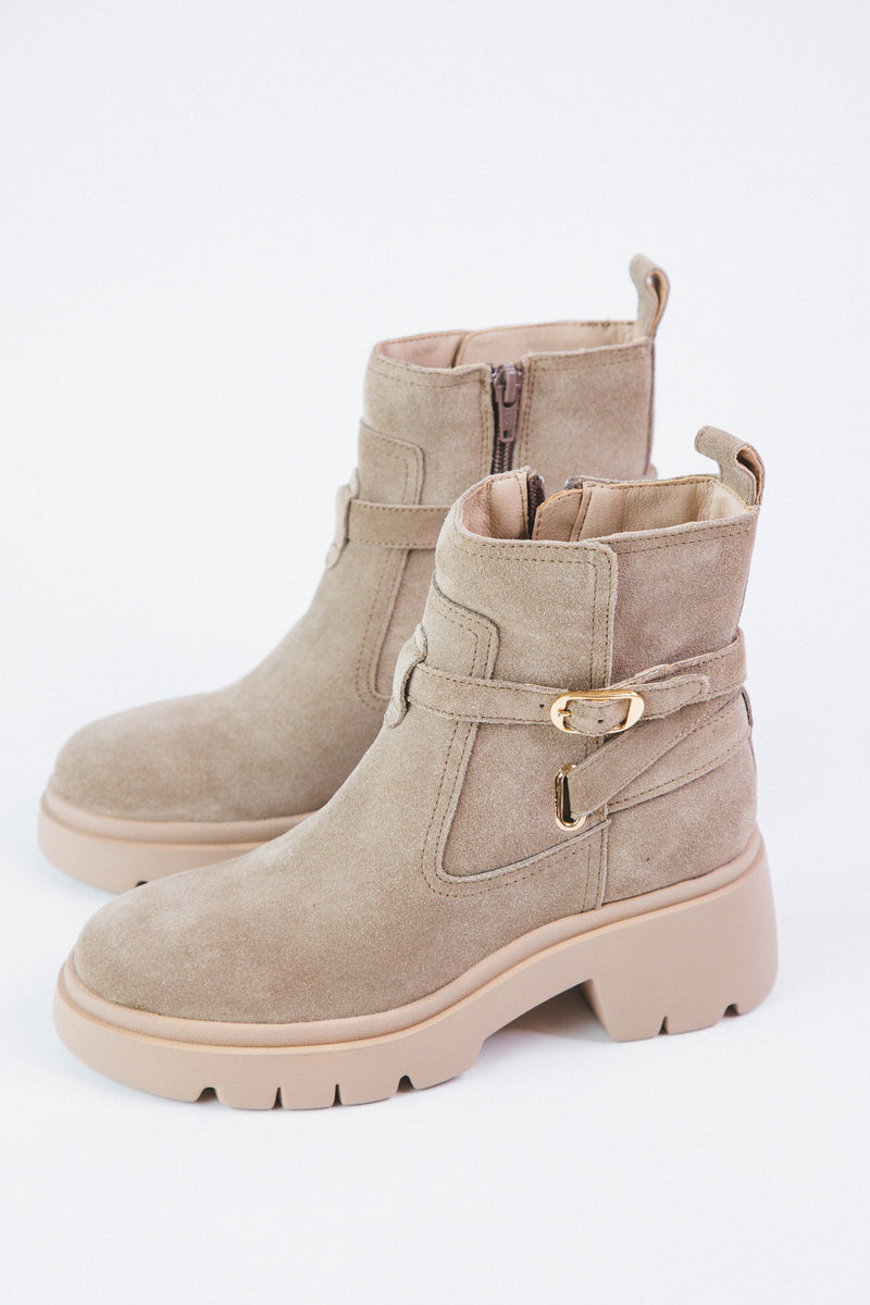 Coletta Lug Sole Buckle Wrap Boot, Taupe Suede | Steve Madden