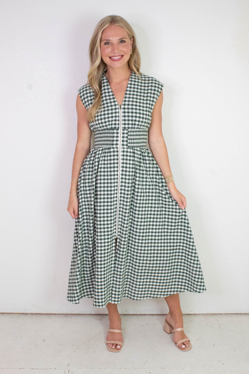 Millie Gingham Print Zip Up Dress, Forest