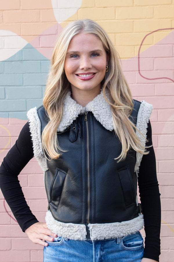 Claire Faux Leather Sherpa Lined Vest, Black
