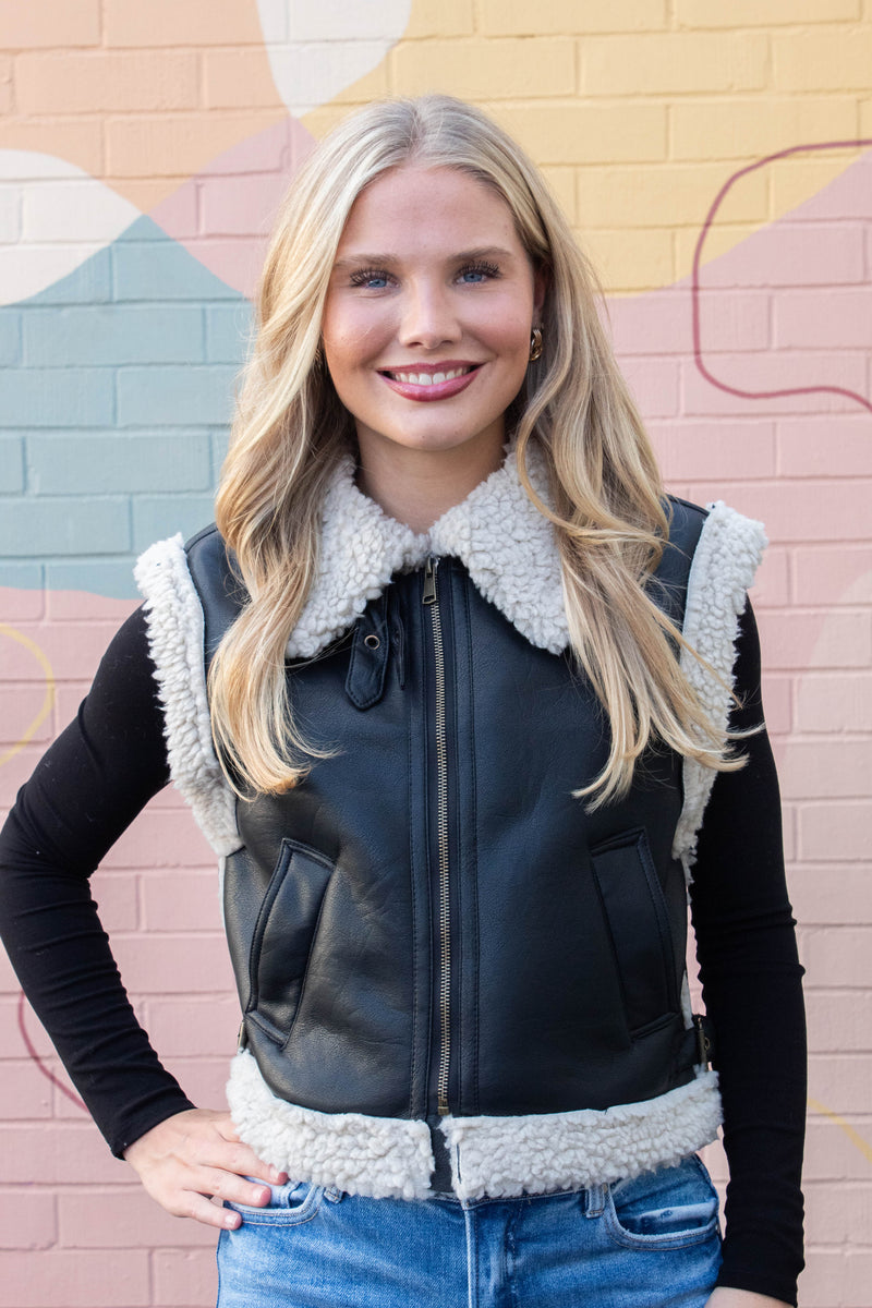 Claire Faux Leather Sherpa Lined Vest, Black