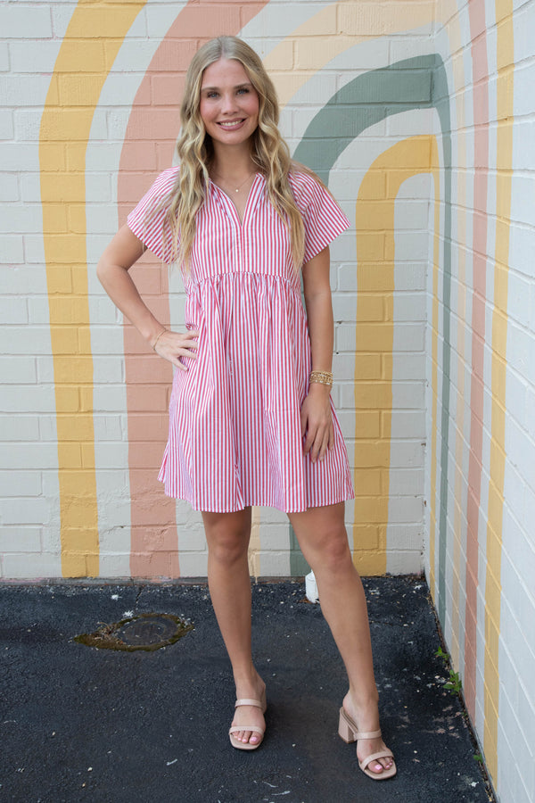 Aliza Striped Split Neck Babydoll Dress, Red/Ivory