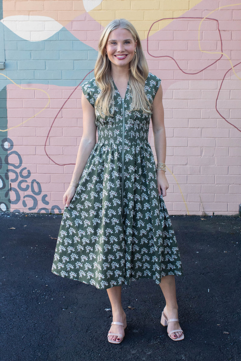 Lila Printed Front Zip Dress, Olive Green