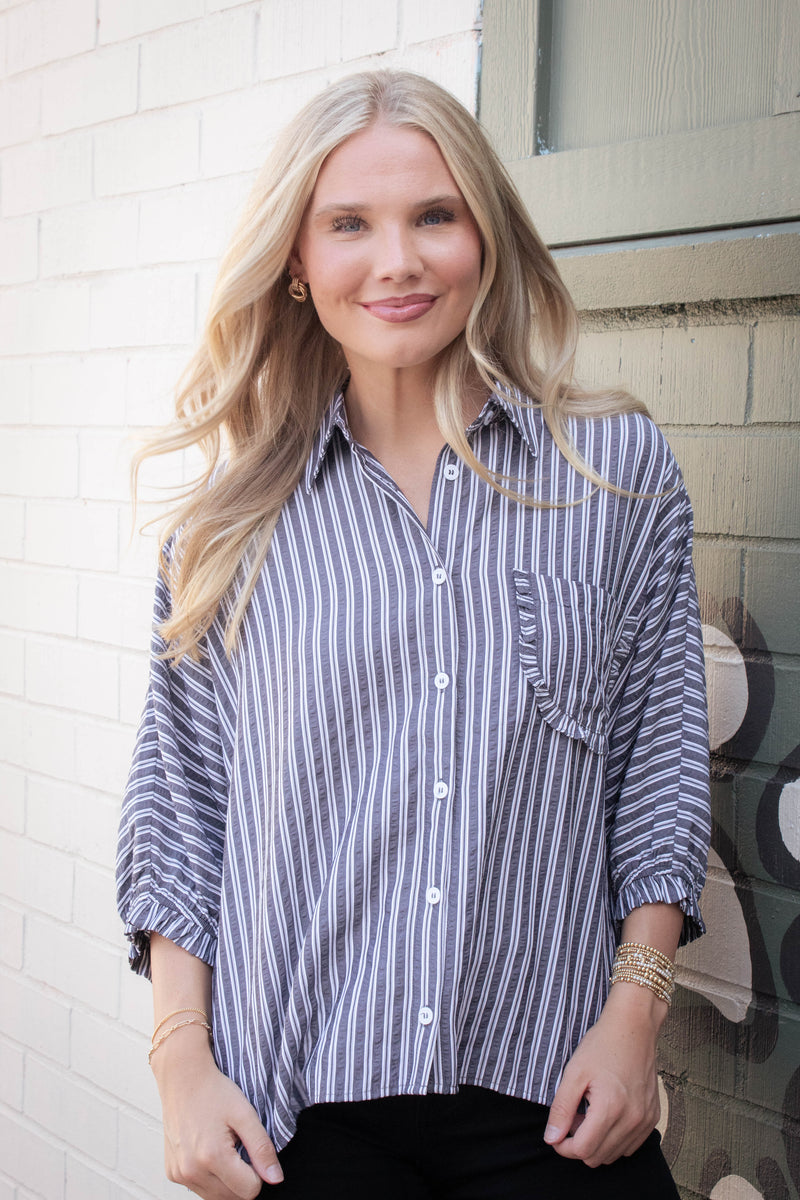 Cressida Striped Button Down Shirt, Black Stripe
