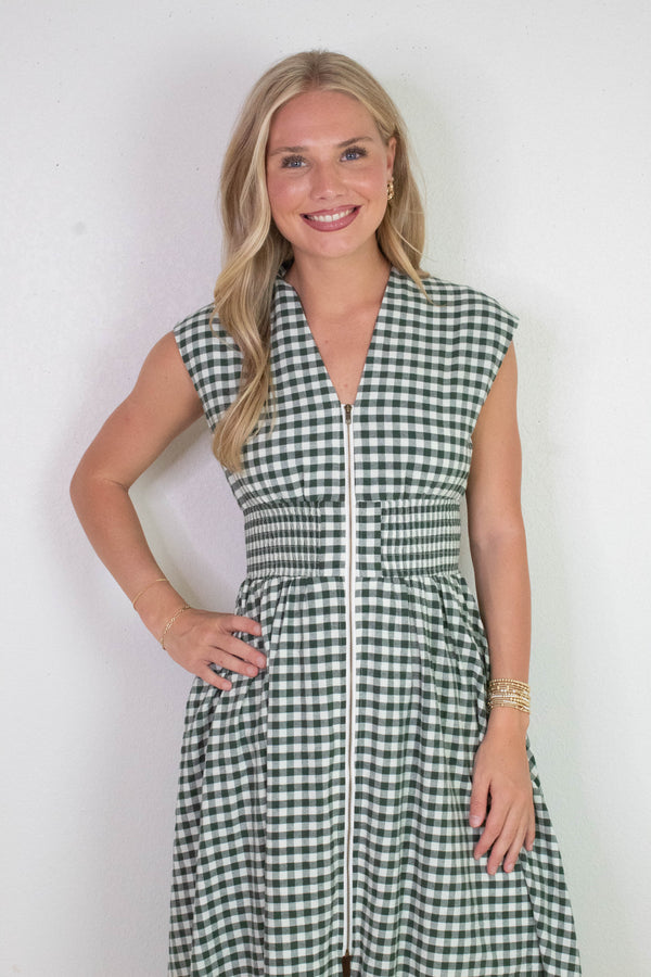 Millie Gingham Print Zip Up Dress, Forest