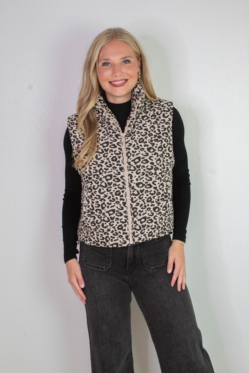 Caroline Leopard Print Puffer Vest, Khaki