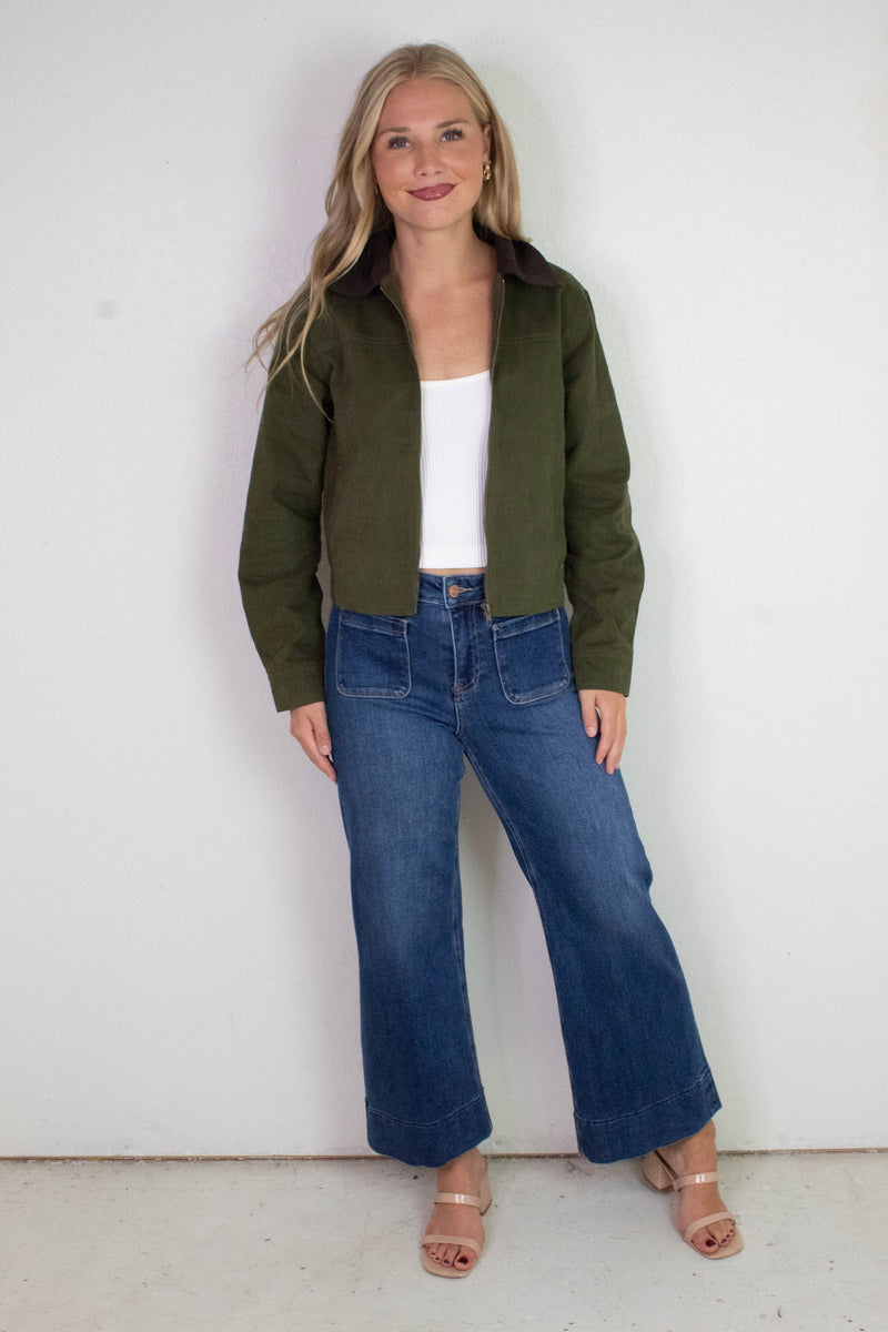 Lyla Contrast Corduroy Collar Bomber Jacket, Dark Olive