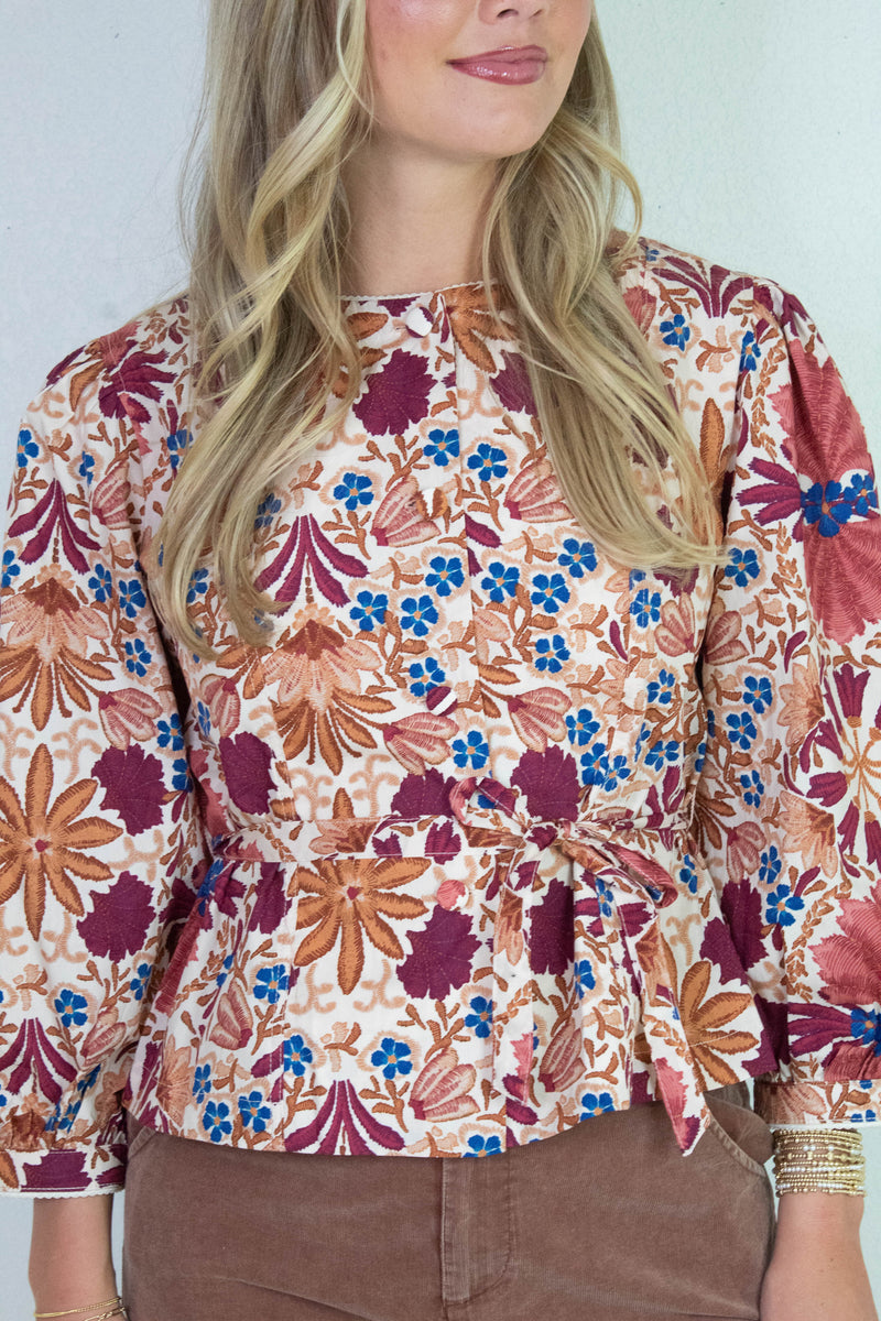 Adele Printed Button Down Blouse, Cream Rust