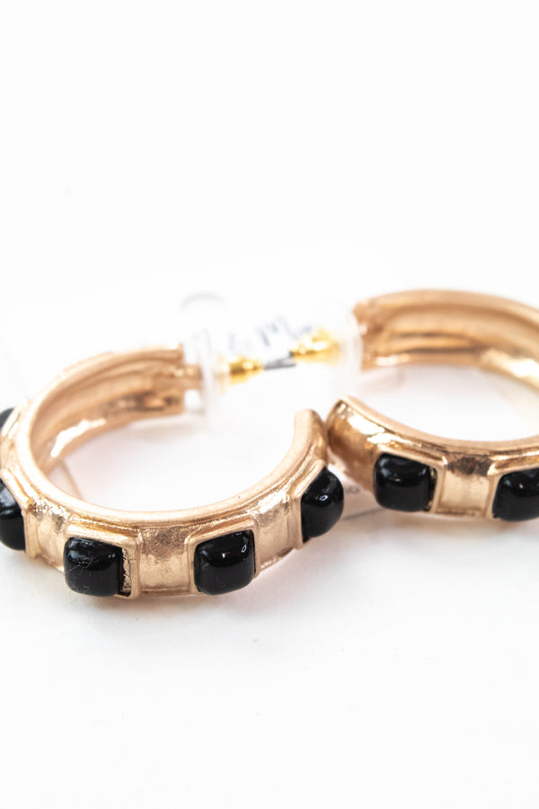 Macy Black Square Stone Hoop Earring, Worn Gold