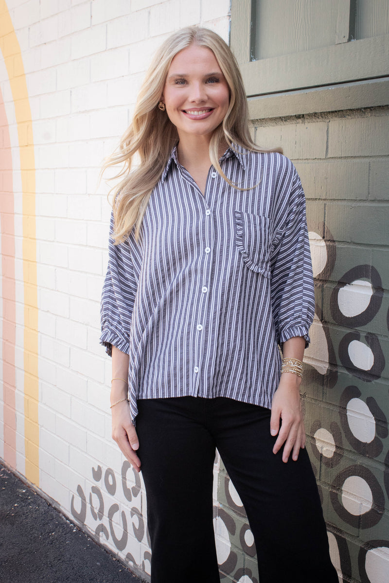 Cressida Striped Button Down Shirt, Black Stripe