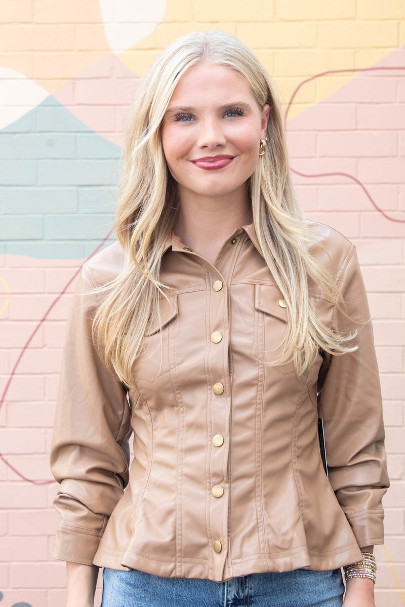 Penelope Faux Leather Peplum Jacket, Camel