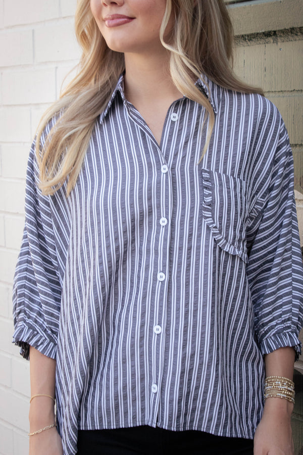 Cressida Striped Button Down Shirt, Black Stripe