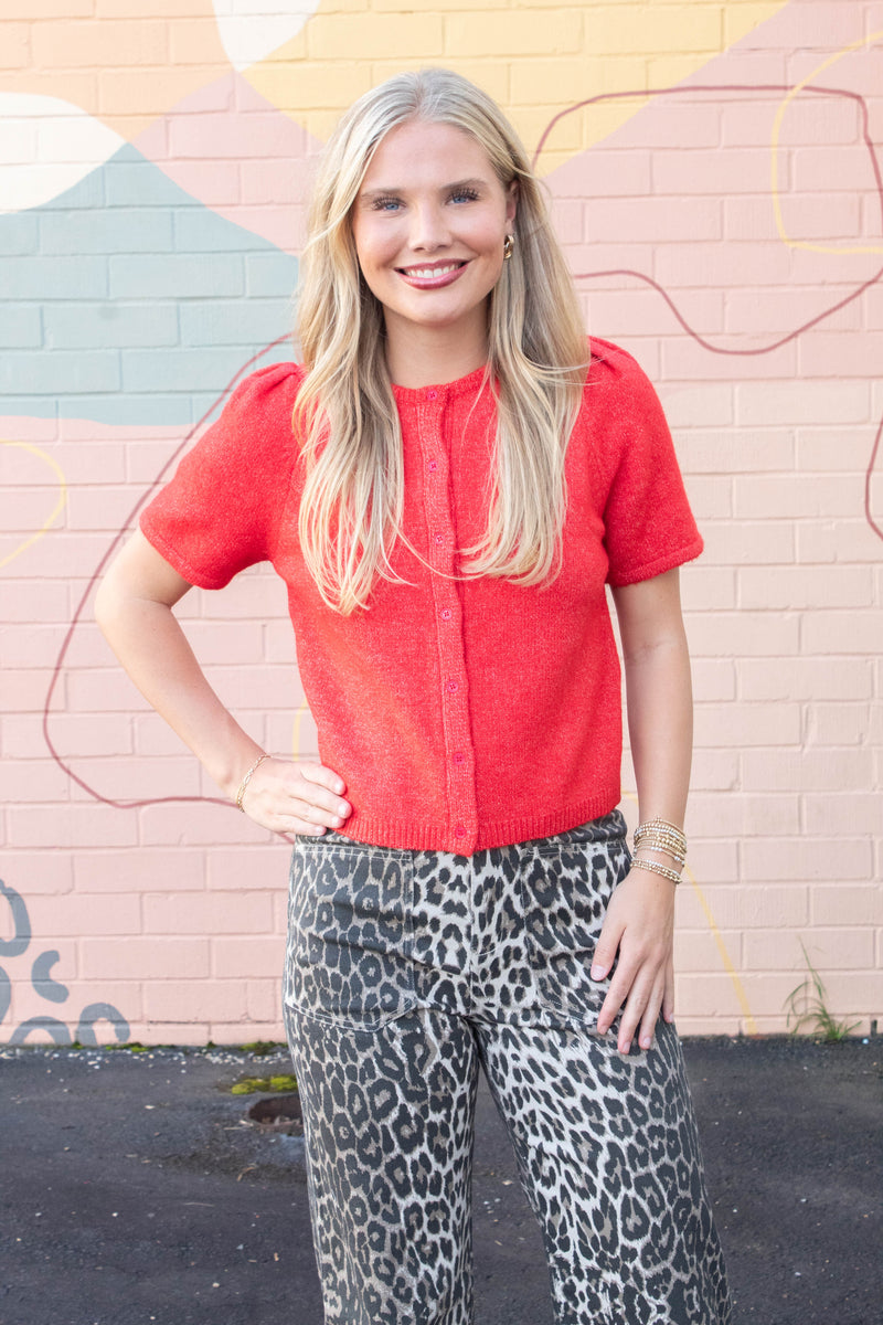 Natalia Puff Short Sleeve Cardigan, Red