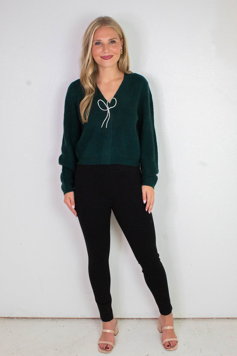 Marie Sparkly Bow Cardigan, Dark Green