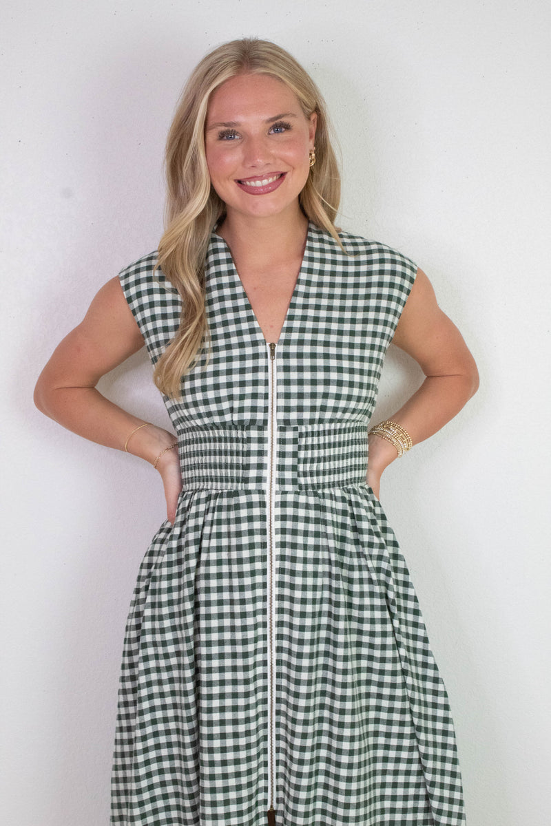 Millie Gingham Print Zip Up Dress, Forest