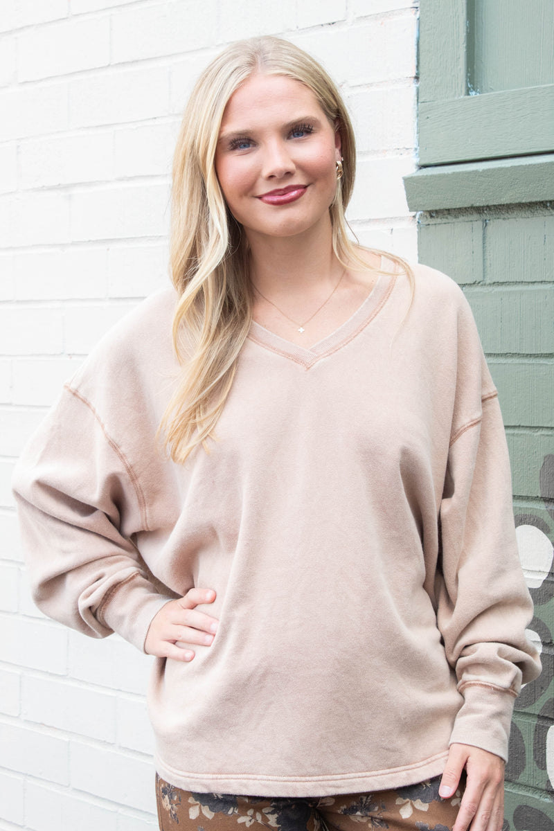 Melody Oversized V-Neck Sweatshirt, Dark Taupe
