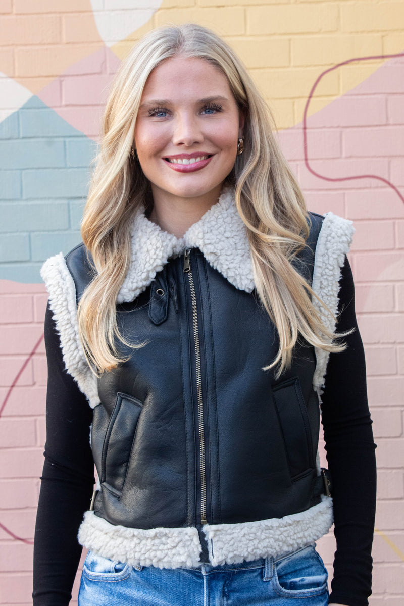 Claire Faux Leather Sherpa Lined Vest, Black