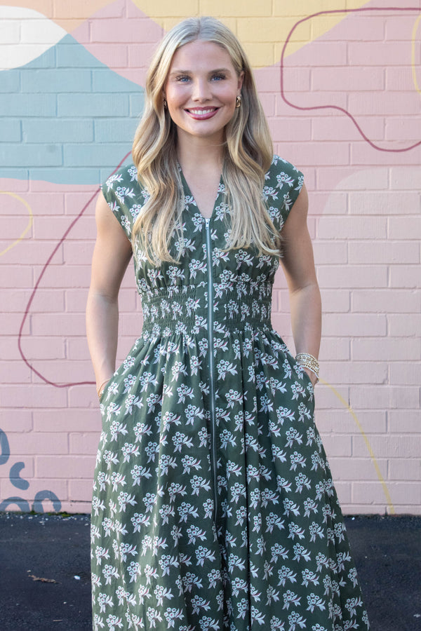 Lila Printed Front Zip Dress, Olive Green