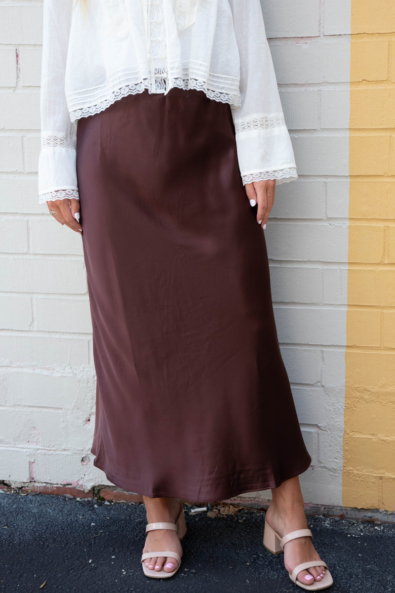 Brinley Satin Maxi Skirt, Chestnut