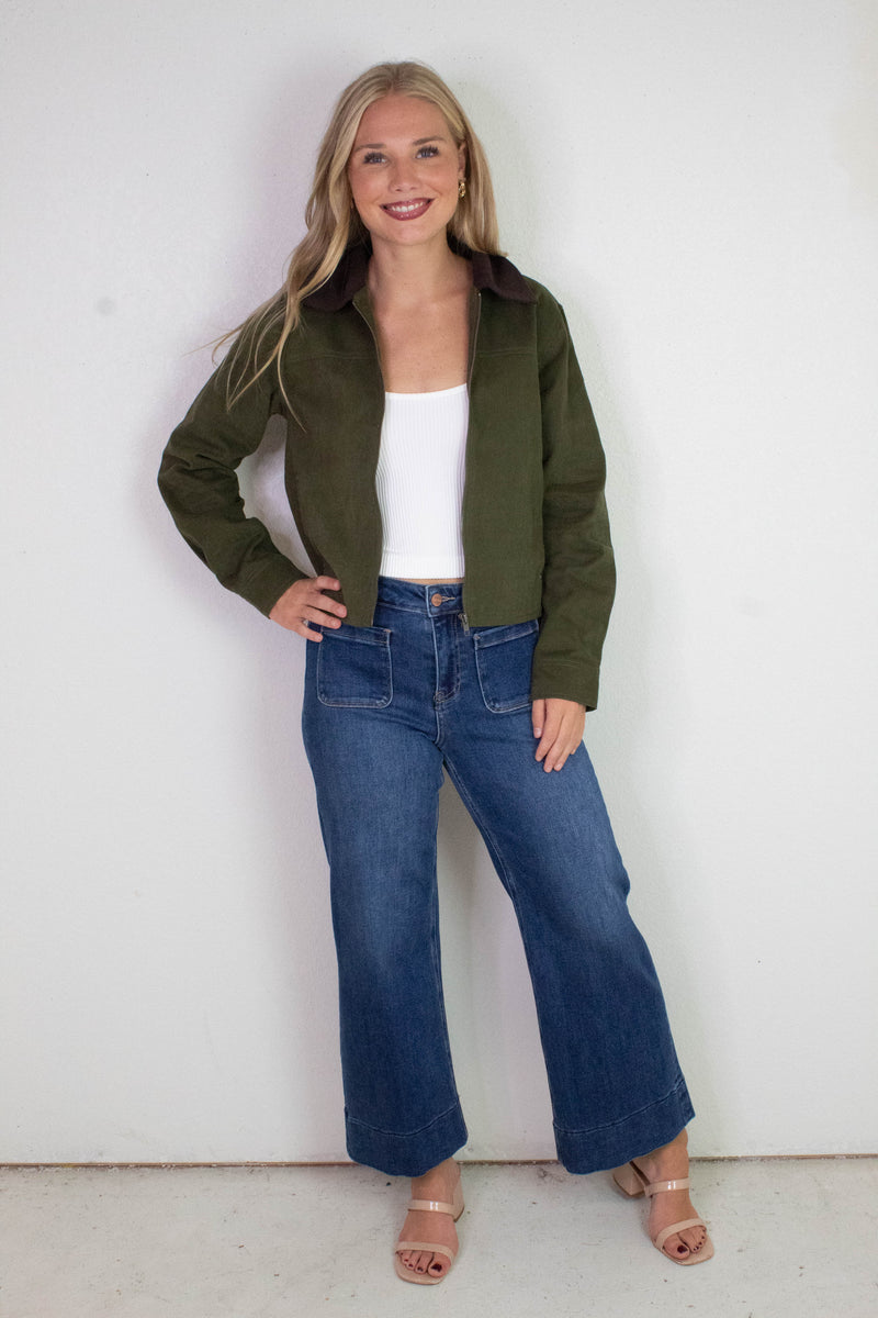 Lyla Contrast Corduroy Collar Bomber Jacket, Dark Olive