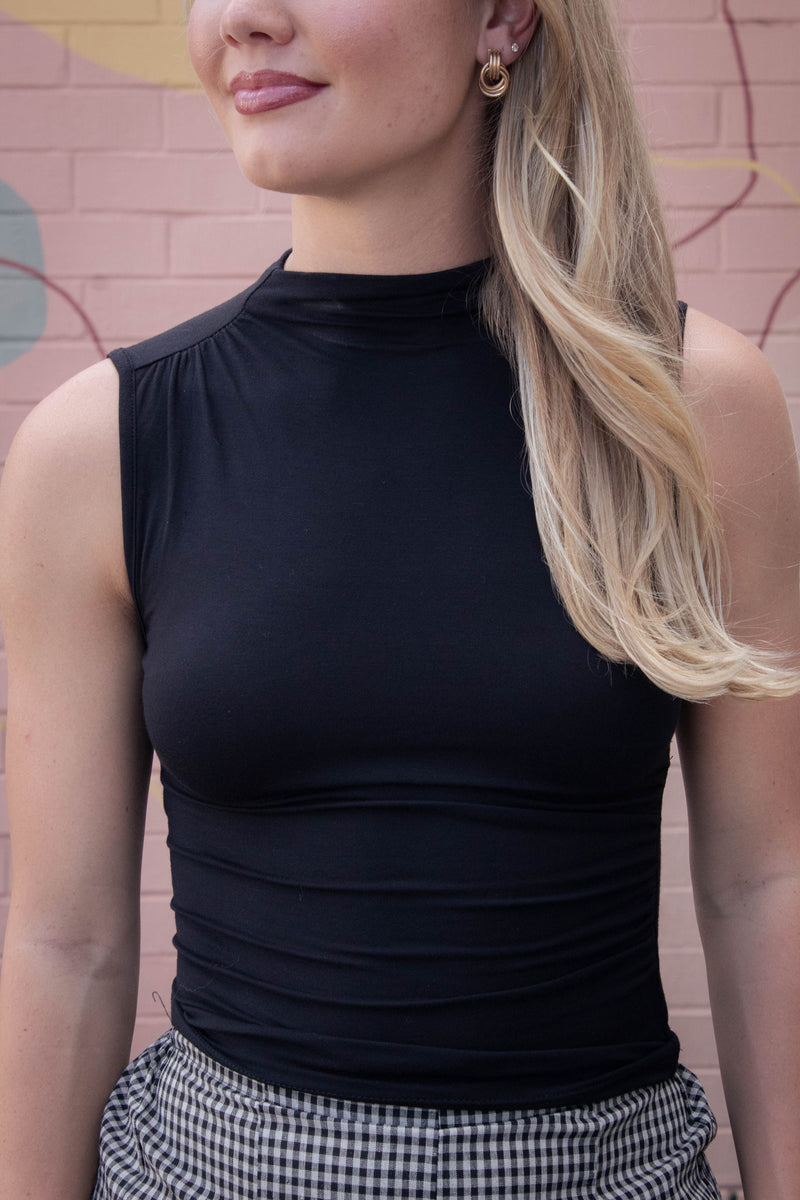 Josephine Mock Neck Ruched Top, Black