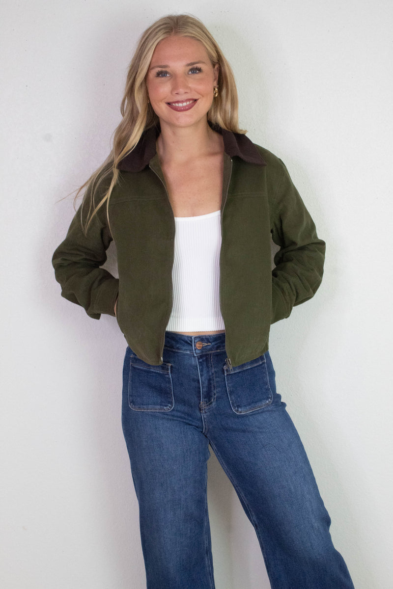 Lyla Contrast Corduroy Collar Bomber Jacket, Dark Olive