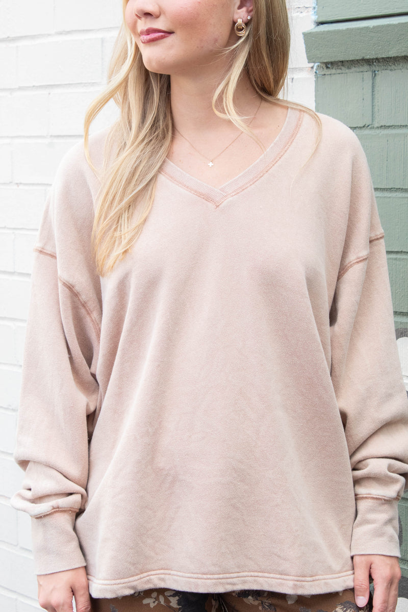Melody Oversized V-Neck Sweatshirt, Dark Taupe