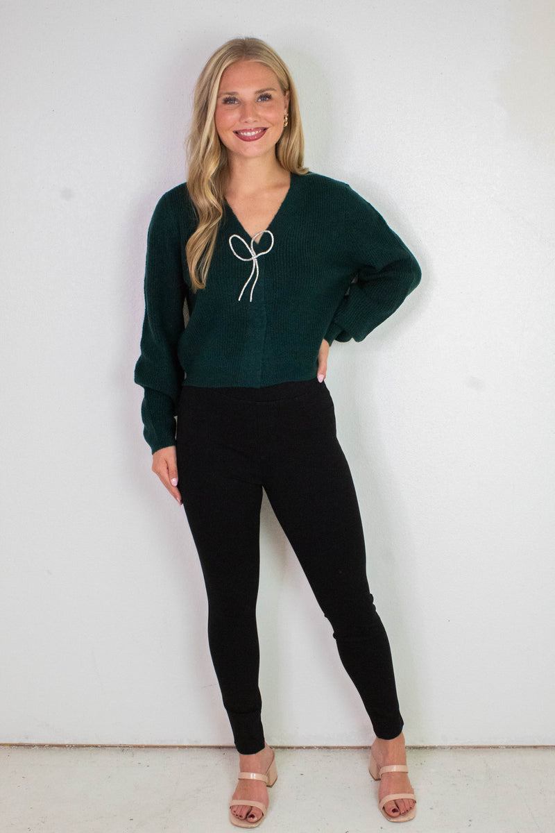 Marie Sparkly Bow Cardigan, Dark Green