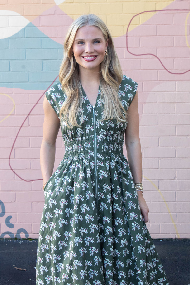 Lila Printed Front Zip Dress, Olive Green