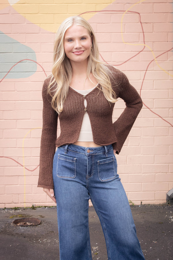 Quinn Bell Sleeve Crocheted Cardigan, Brown