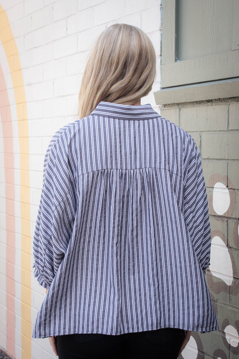 Cressida Striped Button Down Shirt, Black Stripe