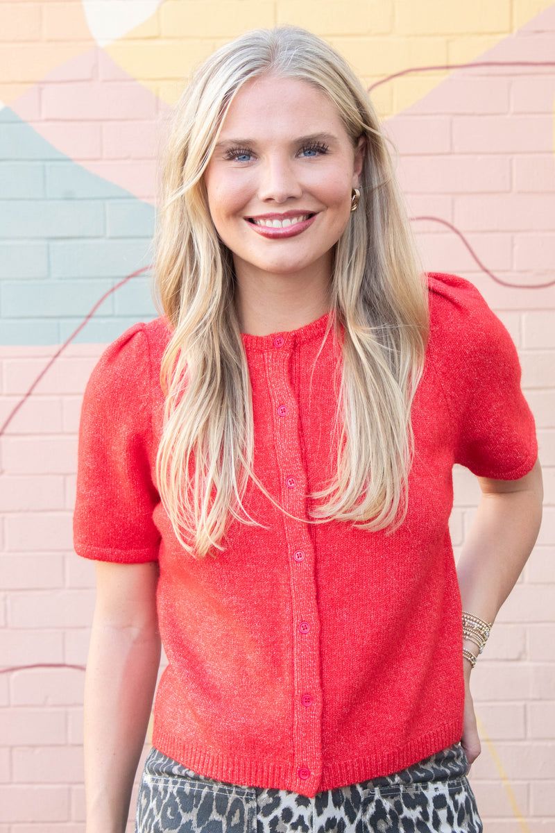 Natalia Puff Short Sleeve Cardigan, Red