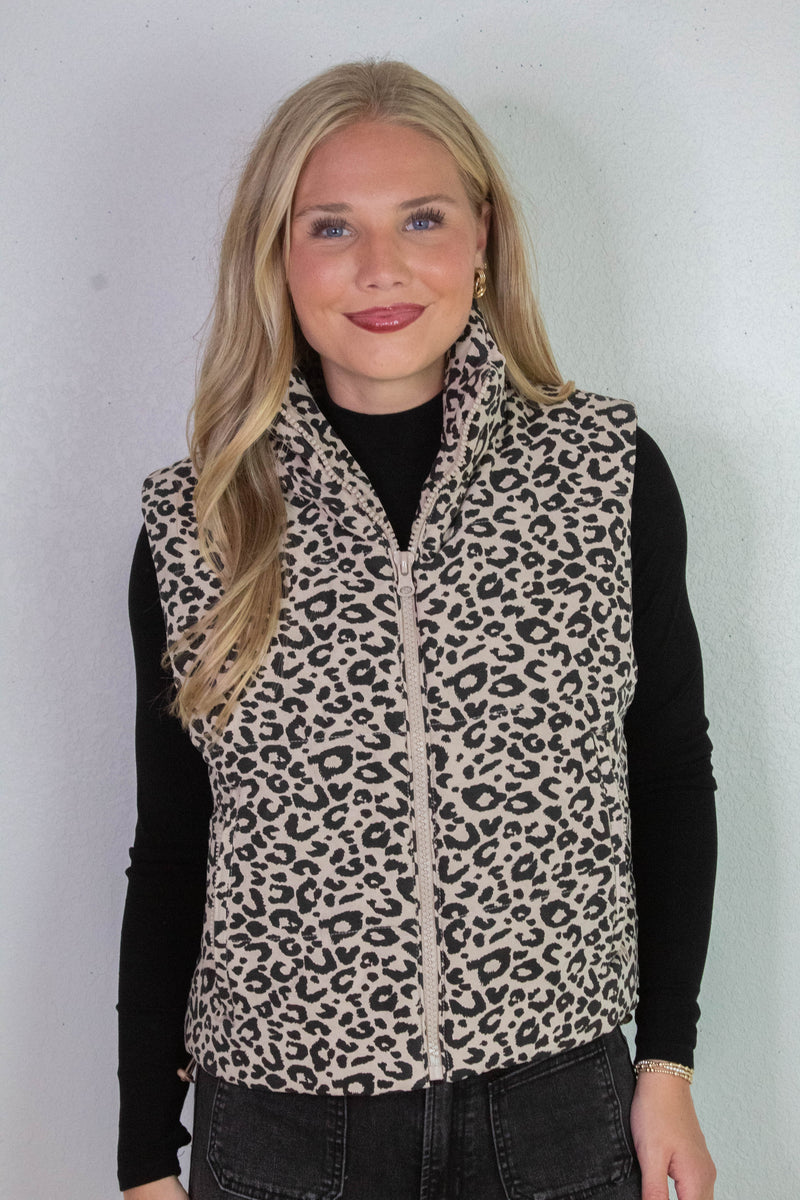 Caroline Leopard Print Puffer Vest, Khaki