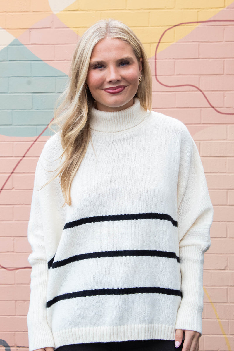 Myra Striped Turtleneck Sweater, Warm White