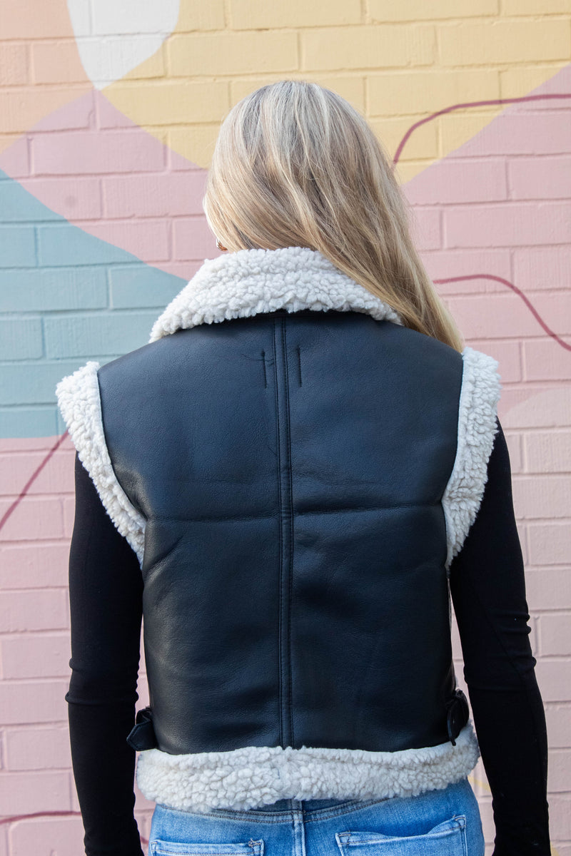 Claire Faux Leather Sherpa Lined Vest, Black