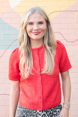 Natalia Puff Short Sleeve Cardigan, Red