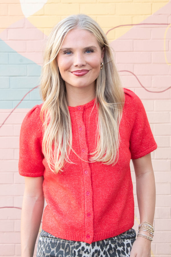 Natalia Puff Short Sleeve Cardigan, Red