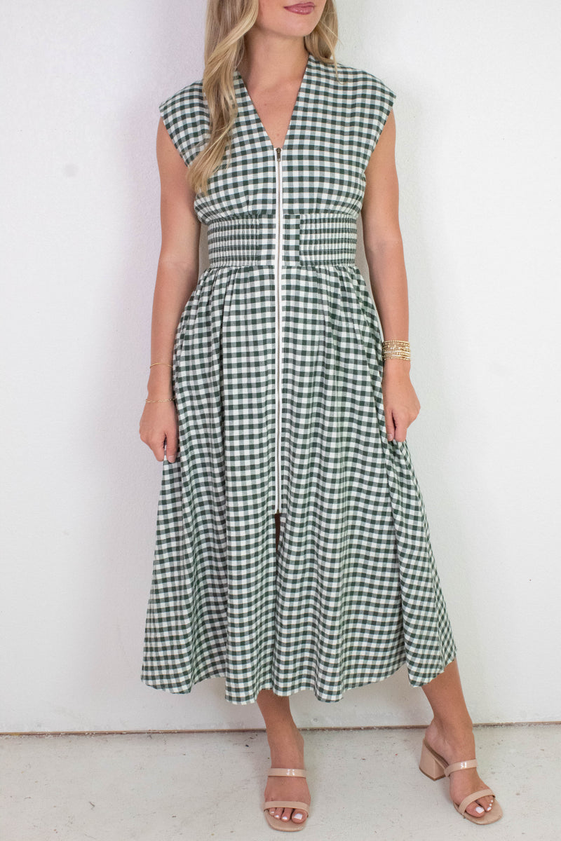 Millie Gingham Print Zip Up Dress, Forest
